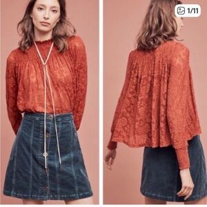 Deletta Anthropologie Womens Amana Top XS Rust Lace Floral Mock Neck BOHO